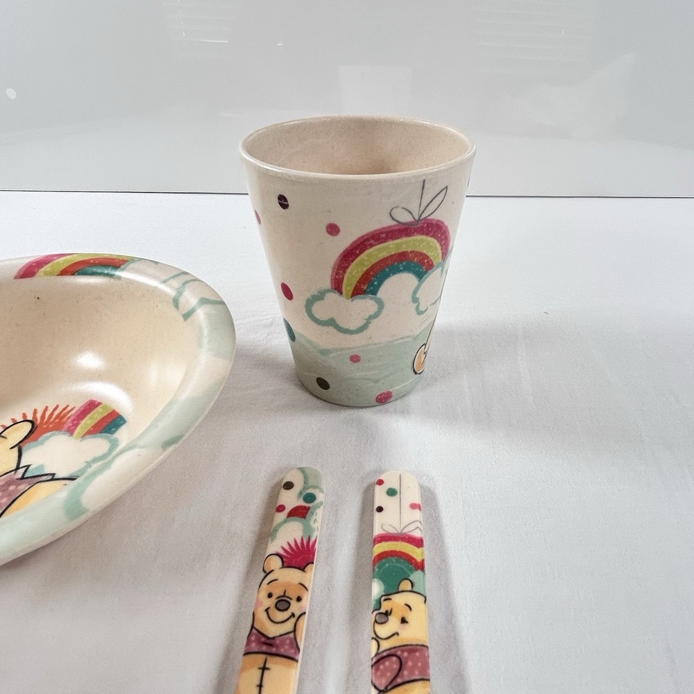 Disney Winnie the Pooh Toddler Dinnerware Bowl Cup Fork Spoon Rise And Shine - Picture 4 of 9